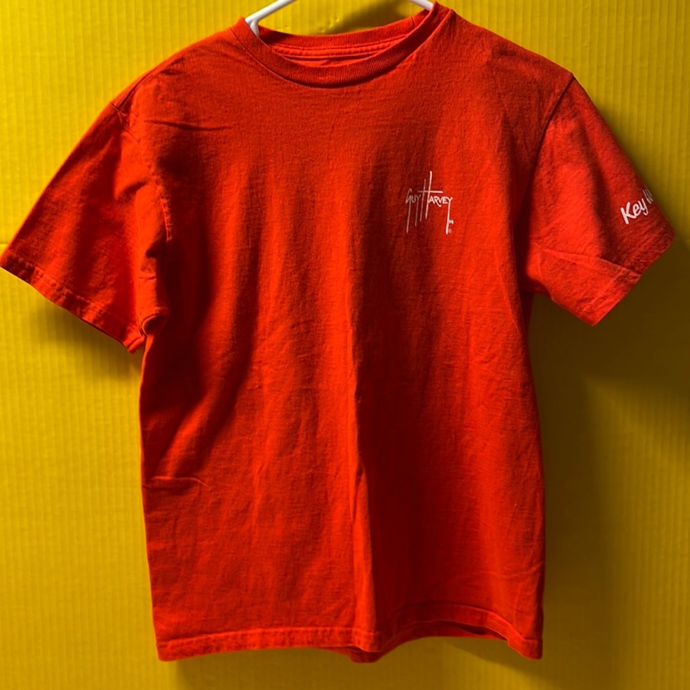 Guy Harvey Orange T-Shirt Mens Size M. Blue Swordfish emblem on back